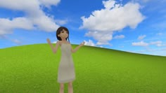 a woman in a white dress standing on top of a lush green hill under a blue sky