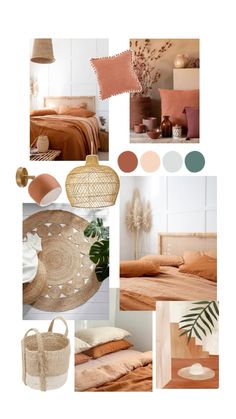 a collage of different colors and textures in a bedroom with bed linens, pillows, rugs