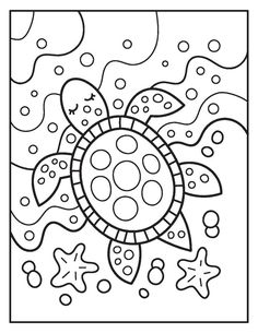 a coloring page with an image of a sea turtle in the water and stars around it