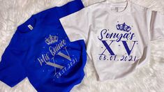 Are you having a Quince with a surprise dance (baile sorpresa) and need custom shirts?!😄  Quinceañera shirt: "Mis Quinces VX" with crown.  Court shirts: Name of the Quinceañera XV with crown.  Price listed is for ONE shirt only.  *Shirt is a unisex fit for both women and man.  In the personalization section please include:  1. Color you want the vinyl to be.  2. Solid color vinyl or glitter vinyl. 3. The name of the Quinceañera that will be displayed on the courts shirt.  4. Date of the Quiñce to be added on shirt.  If you would like to add an additional name/letter/image on the BACK of the shirt- that will be considered an "extra item" and will be charged seperatly via Venmo or Zelle. Price range : $3-$5 depending on size and image. Please let me know prior to placing order to see if you Baile Sorpresa Outfits Quinceanera, Quince Shirts, Quinceanera Blue, Quinceanera Court, Surprise Dance Outfits, Channel Outfits, Surprise Dance, Quinceanera Dresses Blue, Dance Shirts