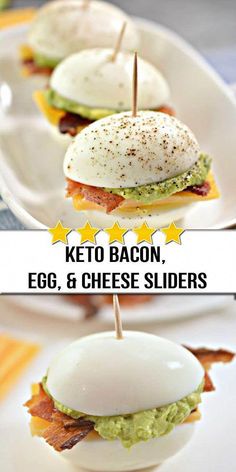 an egg, bacon and cheese slider on a white plate with the text keto bacon egg & cheese sliders