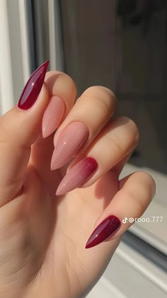 Nails In Colors, Ruby Nails Design, Cute Pink Nails Design Girly, Shaded Nails, Red Pink Nails, Pink Red Nails, Nail Art Designs Pink, Red And Pink Nails, Pink And Red Nails