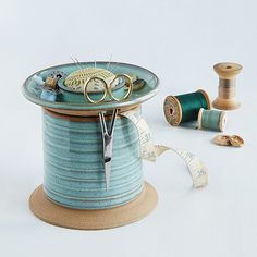 a spool of thread and scissors on a table