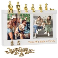 a family photo frame with gold figures on it and the number five is in front of them