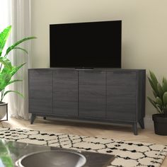 a flat screen tv sitting on top of a wooden cabinet next to a potted plant