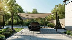 Shade Sail Carport for a Coastal Vibe Cantilever Carport Design, Creative Carport Ideas, Sun Shade Carport, Car Port Diy, Temporary Carport Ideas, Add Carport To Side Of House, Carport Shade Sail, Car Canopy Ideas, Shade Sail Carport Ideas