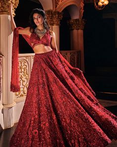 Maroon Lehenga, Sequin Lehenga, Seema Gujral, Beads Embroidery, Red Lehenga, Boston Wedding, Hem Blouse, Beaded Neckline, Net Dupatta