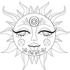 a sun face with ornate details on the forehead and eyes, drawn in black ink