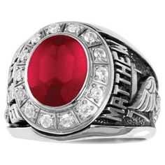 This men's class ring showcases your choice of oval-shaped simulated gemstone surrounded by 14 diamonds or cubic zirconia stones. Make it your own with your choice of metal, two side designs, simulated gemstones, and other customizations. Personalize further with one to two lines of text of up to nine characters each. Available in half-sizes five to 22. Size: one size.  Color: Gold.  Gender: male.  Age Group: adult. Mens Class Rings, Class Rings College, Class Rings High School, School Class, Red Band, Garnet Rings, Red Stone, Red Garnet, Types Of Rings