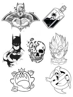 some cartoon characters are depicted in this black and white drawing set, including batman, skull,