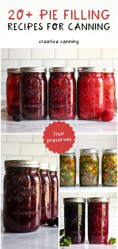 mason jars filled with fruit and vegetables sitting on top of a counter next to the words 20 + pie filling recipes for canning