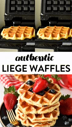 three different views of waffles with strawberries and blueberries on the side