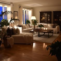 a living room filled with lots of furniture next to a large window covered in plants