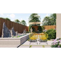 an artist's rendering of a patio with yellow chairs and table in the middle