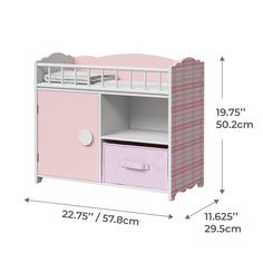 a pink and white wooden cabinet with two drawers, measurements for the top shelf and bottom drawer