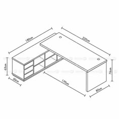 an outline drawing of a desk with two drawers and one door on the side,