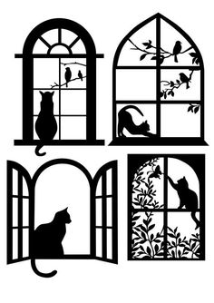 three windows with cats looking out at the trees and birds in them, one is black and white