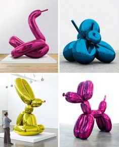 four different types of art sculptures in various colors