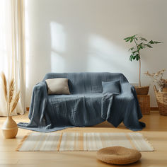 a living room with a blue couch covered in a blanket next to a potted plant