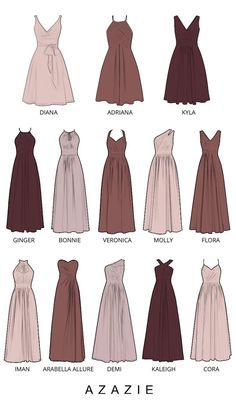 the different types of dresses for women in various colors and sizes, with names on them