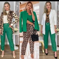 Green And Leopard Outfit, Green Pants Outfit Work, Casual Chic Outfits, Colour Combinations Fashion, Look Office, Looks Pinterest, Color Combinations For Clothes, Animal Print Outfits