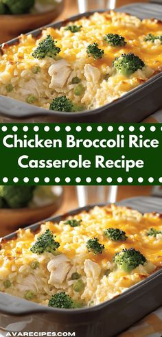 chicken broccoli rice casserole recipe is shown in two separate pans