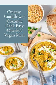 creamy cauliflower coconut dali - pot vegan meal with text overlay