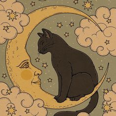 a black cat sitting on top of a crescent moon