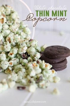 white chocolate mint popcorn and oreo cookies on a table with text overlay that reads, white chocolate mint popcorn