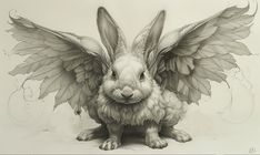 a drawing of a bunny with wings on it's head and legs, sitting down