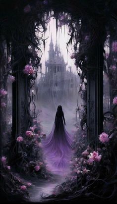 a woman in a purple dress is walking through an archway to a castle with pink flowers