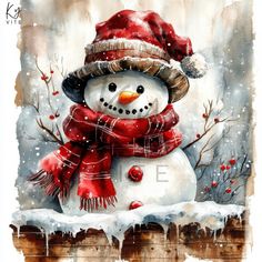 a painting of a snowman wearing a red hat and scarf