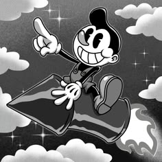 mickey mouse flying through the sky with clouds