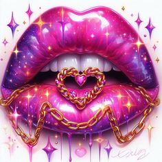 a painting of a pink lips with gold chains and a heart hanging from it's mouth