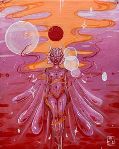 a painting of a person standing in front of an orange and pink sky with bubbles