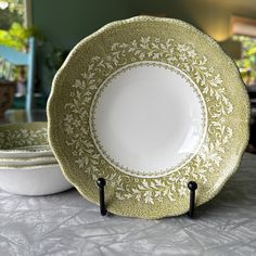 Set of 4 bowls in Royal Staffordshire Sherwood pattern, with scrolled trailing leaves and flowers in moss greens on cream background.   Bowls are 6 1/2" diameter.  In good vintage condition.  One bowl has a small chip on the underside of the rim.  Please see photo.  Otherwise no chips or cracks. Cereal Dessert, Tacoma Wa, Cream Background, Dessert Bowls, Moss Green, Serving Bowls, Cereal, Holiday Gifts