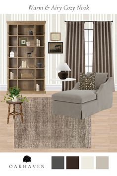 a living room with furniture and decor in shades of gray, brown, and white