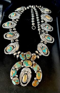 DISPLAY XXL Blue Boulder Turquoise Squash Blossom Necklace Pendant Navajo 15451 | eBay Naja Necklace, Vintage Navajo Jewelry, Taos Art, Real Turquoise Jewelry, Vintage Turquoise Jewelry, Turquoise Stone Jewelry, Beautiful Baubles, Turquoise Squash Blossom, Tooling Patterns