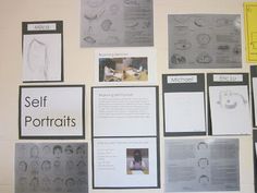 a bulletin board is covered with drawings and information about self portraits, including the words self portraits