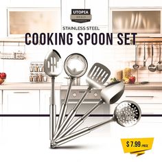 an advertisement for utopia stainless steel cooking spoon set with kitchen appliances in the background