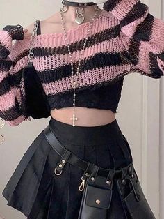 Contrast Color Stripe Ultra Short Long Sleeve Knit - Pink / S Baddiecore Outfits, Pink Grunge Outfit, Pink And Black Outfit, Preppy Fabric, Pink Contrast, Bandeau Tops, Clothing Design Sketches, Short Design, Y2k Preppy