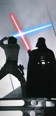 darth vader and luke star wars scene in black and white with red lights