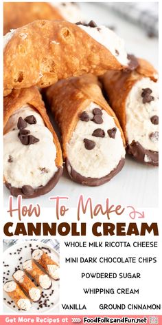 an advertisement for how to make cannoli cream with chocolate chips and marshmallows