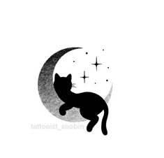 a black cat sitting on top of a crescent with stars in the sky behind it