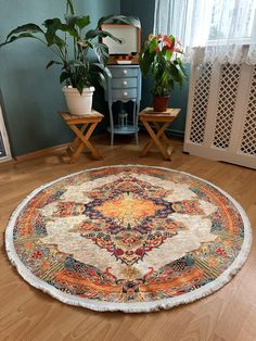 a round rug on the floor in front of a window with potted plants next to it