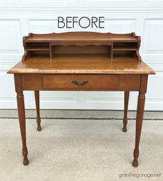 an old desk is refinished with paint and wax to make it look new