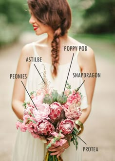 a woman in a white dress holding a bouquet of pink and green flowers on her wedding day