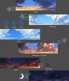 the sky with clouds and sun in different stages of flight, from dusk to dawn