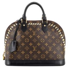 Louis Vuitton Cruise Runway Monogram Macassar Studded Alma Bag Brown, textured handbag designed with the iconic 'LV' monogram throughout and detailed with gold and silver studs along the edges. Styled with dark brown leather trims, padlock and key bell. Featuring dual top leather handles and zip fastening leading to textile lining with two pockets,. Size – Height 24cm, Width 32cm, Depth 15cm Condition – Good (Small scratches to the leather and one stud is damaged) Composition – Coated Canvas, Le Alma Louis Vuitton, Louis Vuitton Top, Lv Monogram, Makassar, Dark Brown Leather, Leather Handles, Silver Studs, Leather Handle, Fashion Handbags