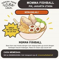 the menu for momma fishball noodle soup is shown in this advert